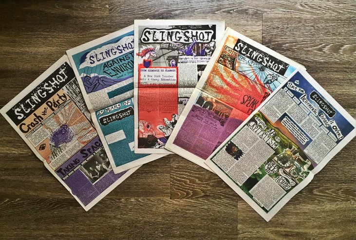 Front pages of various issues of Slingshot from 2011-2018.
